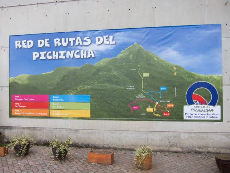 Trail map for hiking Pichincha Volcano, found at base of the Teleferico
