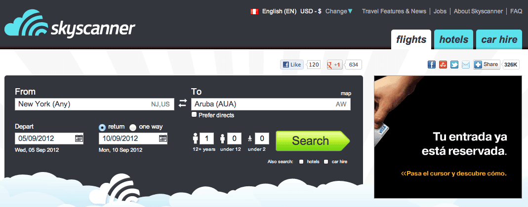 Skyscanner search box Skyscanner search box on the home page