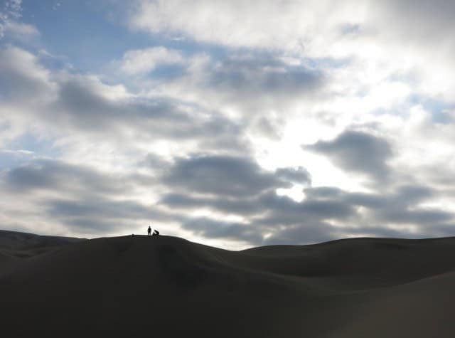 Two travelers stand atop one of the dunes and discuss the descent they're about to make.