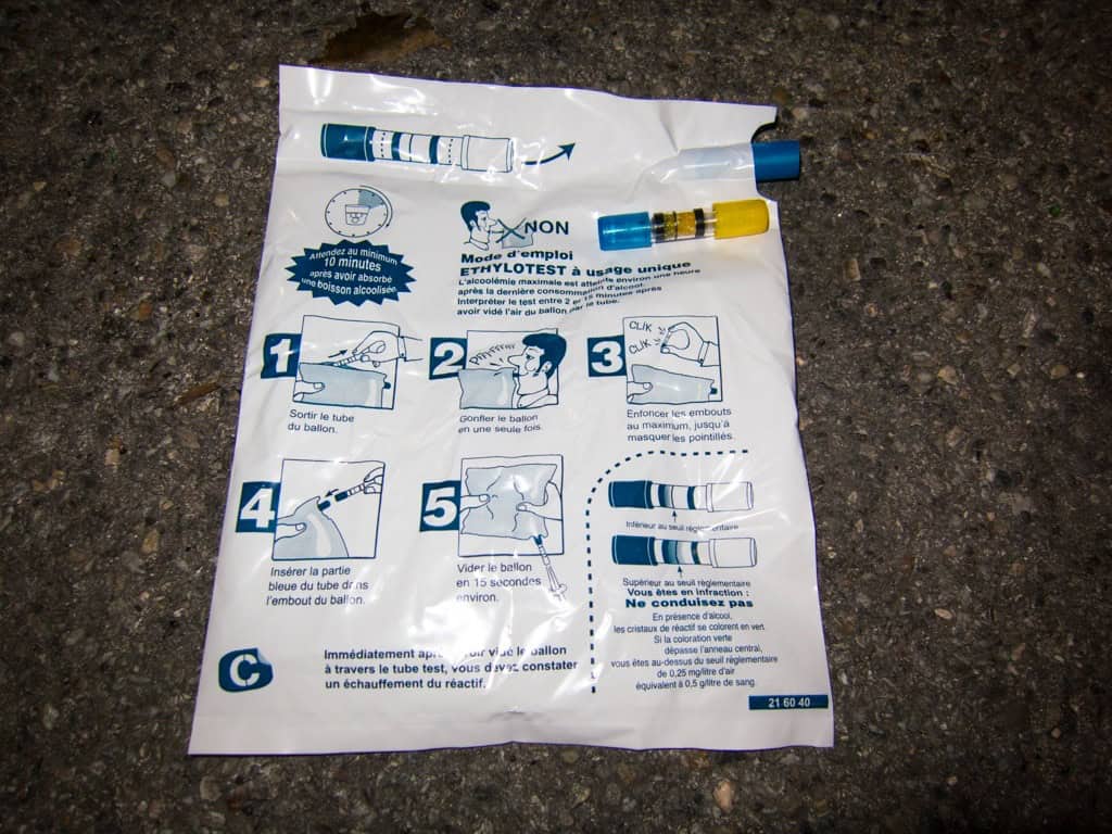 Disposable breathalyzer given out at Millévin in Avignon.