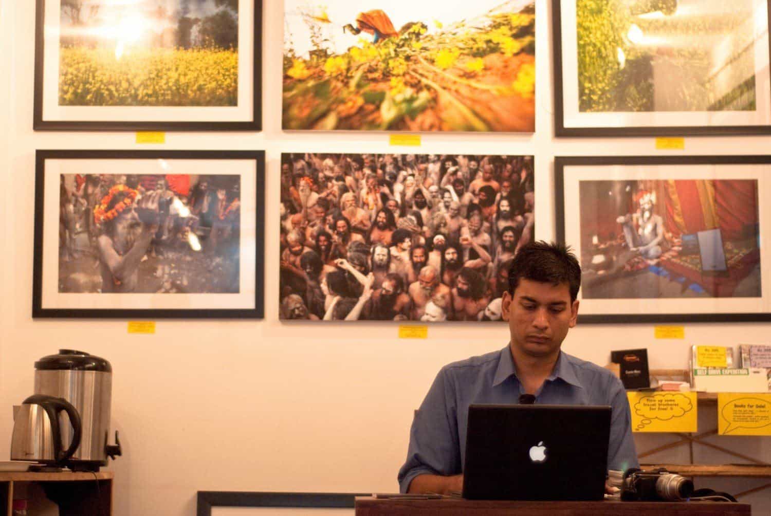 A typical cafe meets work meets gallery space in Hauz Khas Village