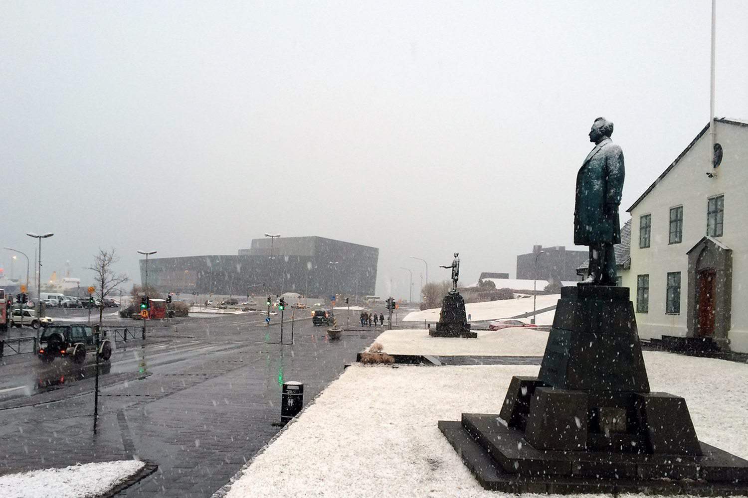 Snow in downtown Reykjavik, Iceland.