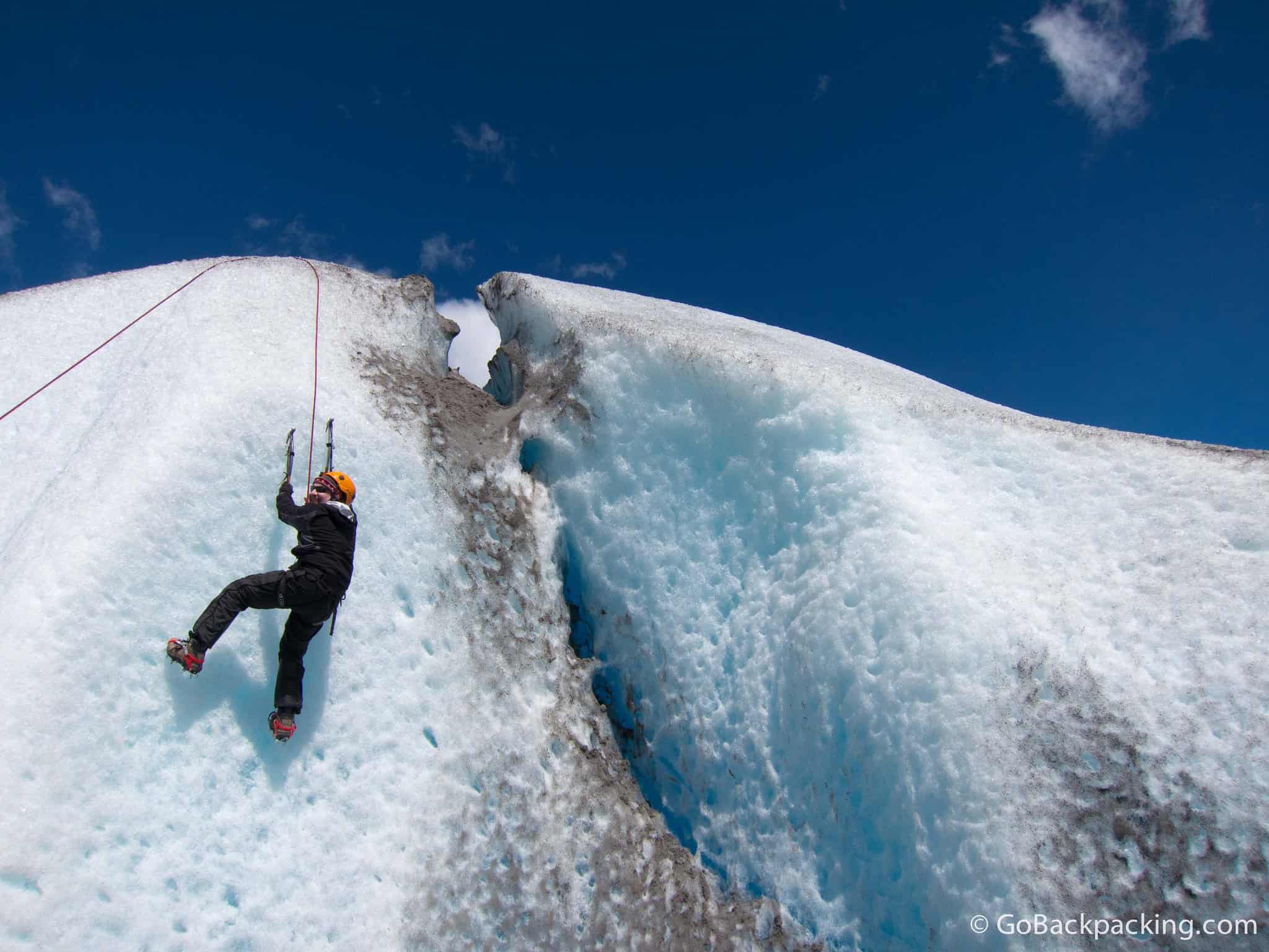 Me ice climbing on Viedma Glacier in Patagonia, a travel bucket list adventure.