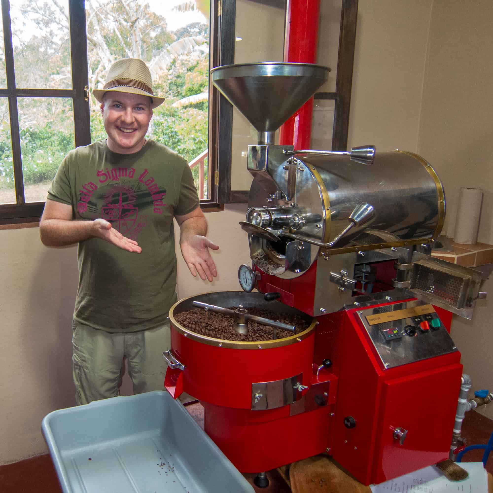 Dave learning about coffee roasting at Finca Dos Jefes