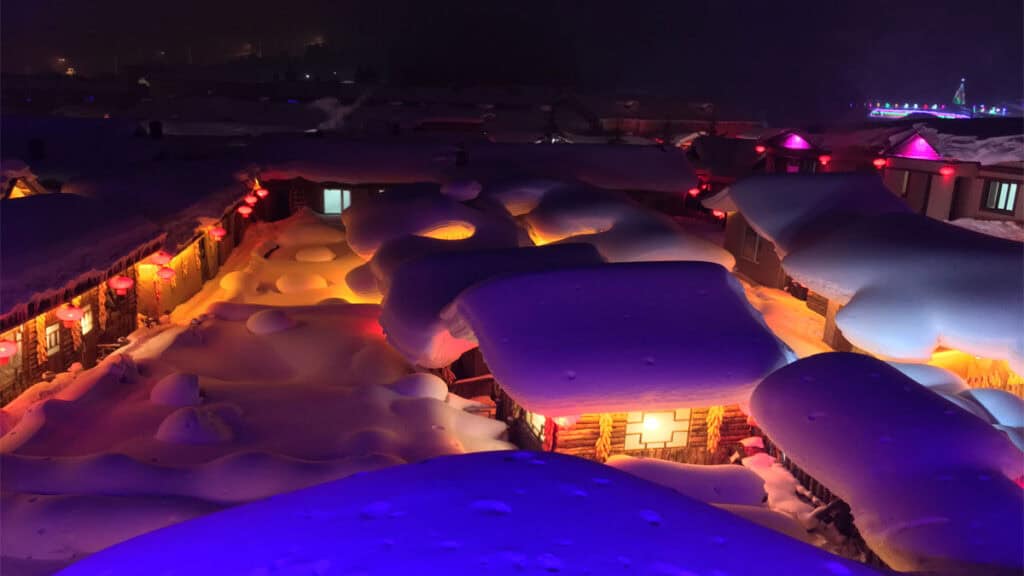 China Snow Town at night