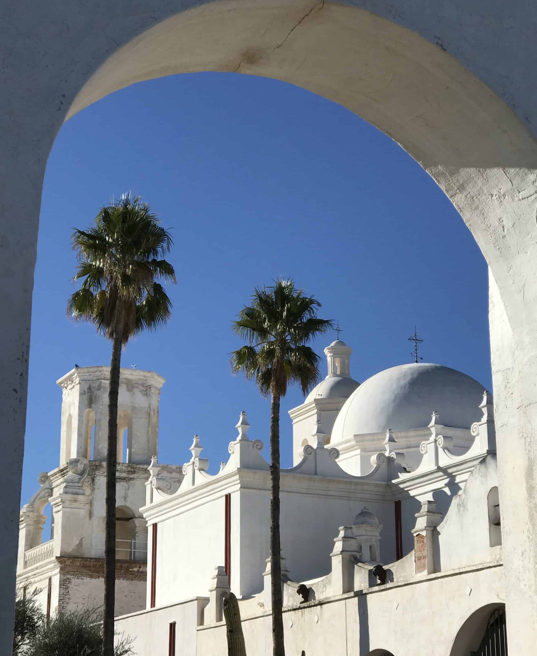 The whitewashed San Xavier del Bac Mission in Tucson, Arizona