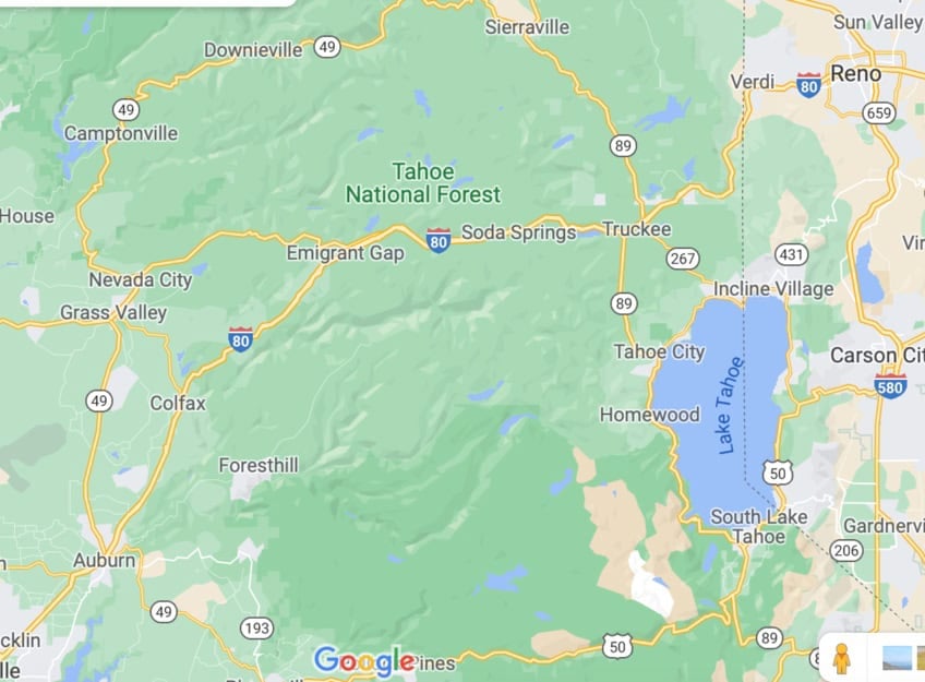 Map of Truckee and Nevada City, two destinations to hit on a California road trip