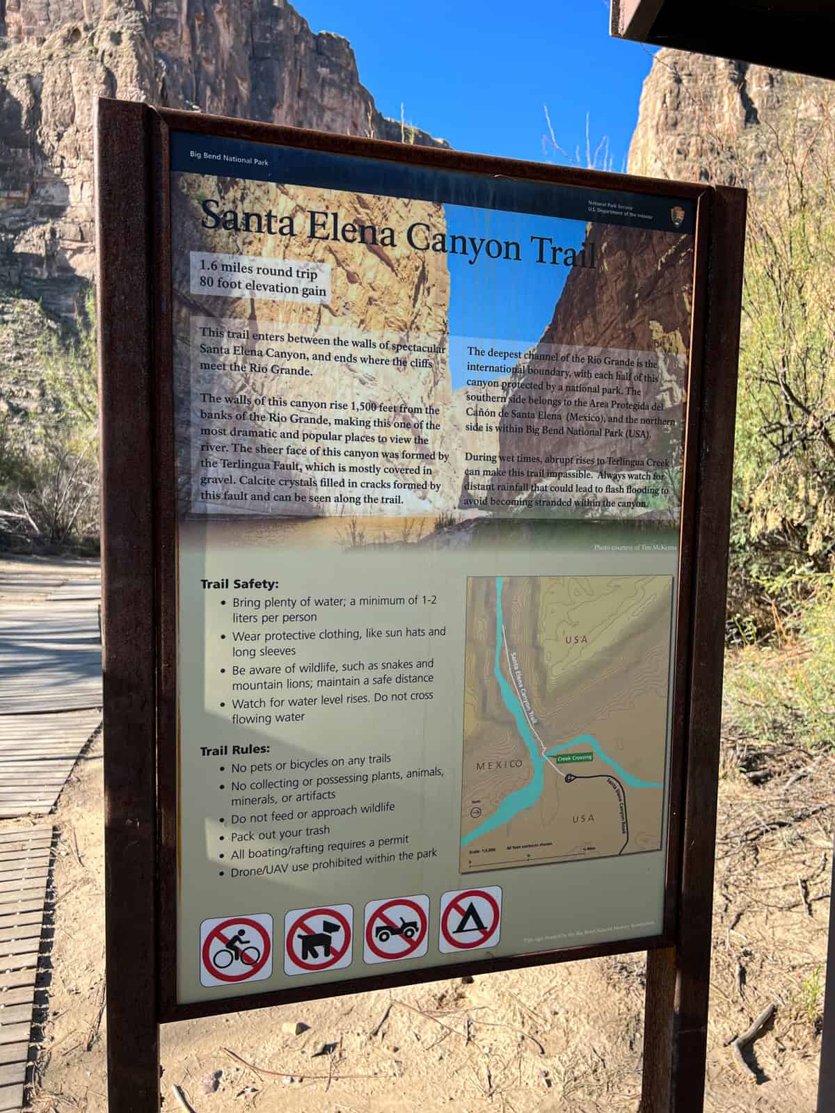 Santa Elena Canyon Trail sign and map
