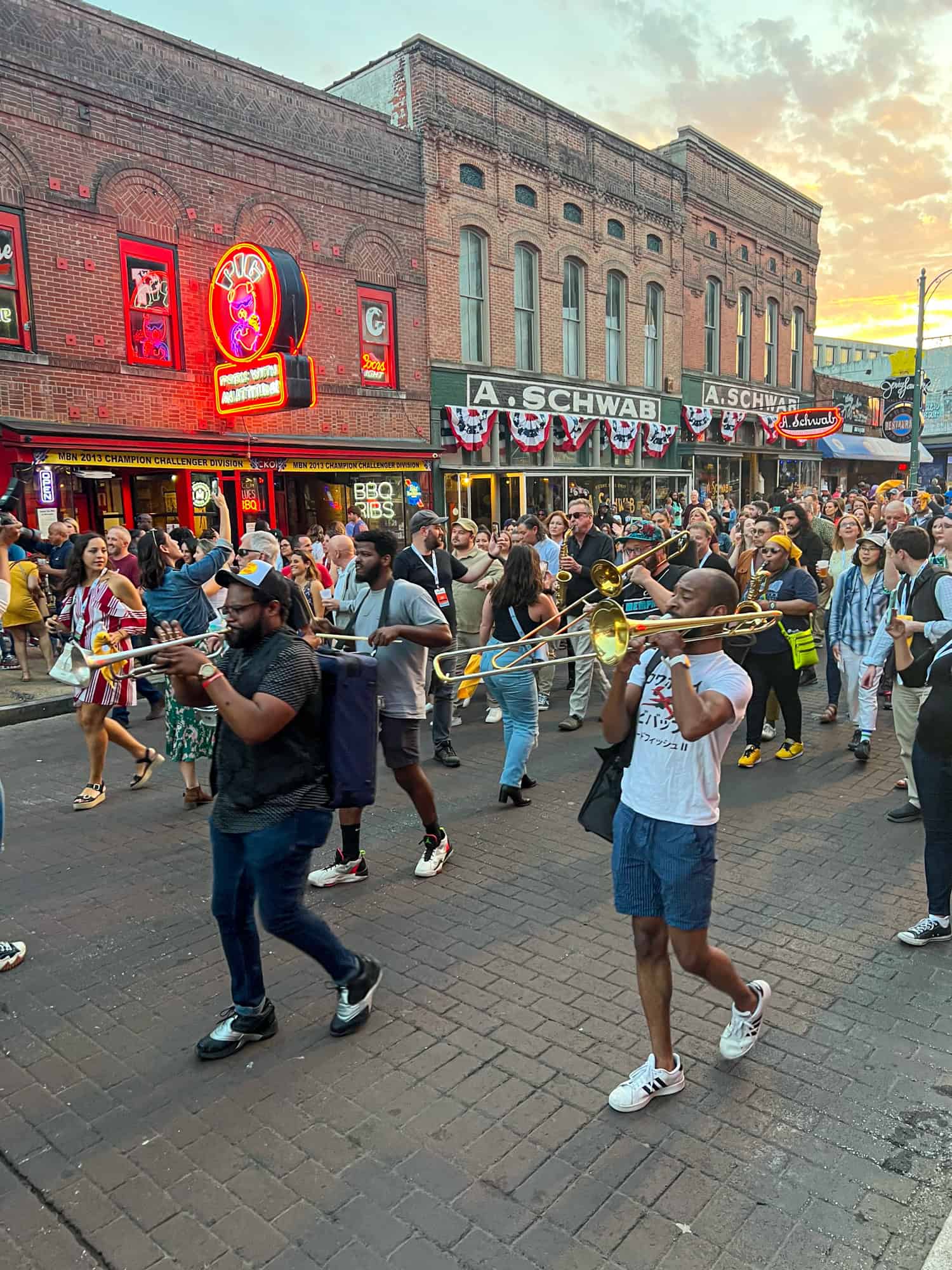 A Second Line marching down Beale Street in Memphis, TN