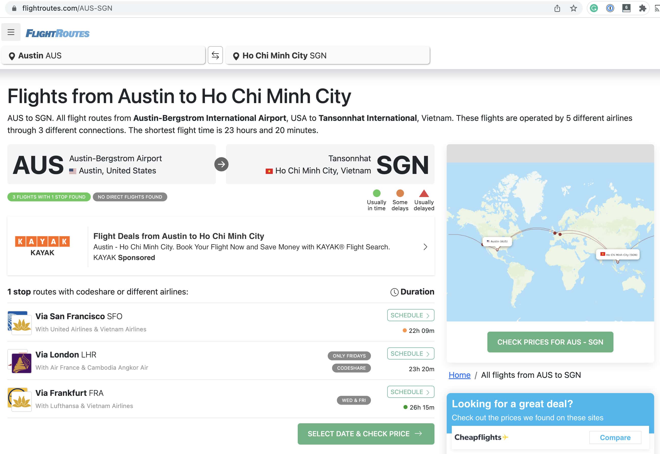 Flight results on Flightroutes.com for Austin to Ho Chi Minh City