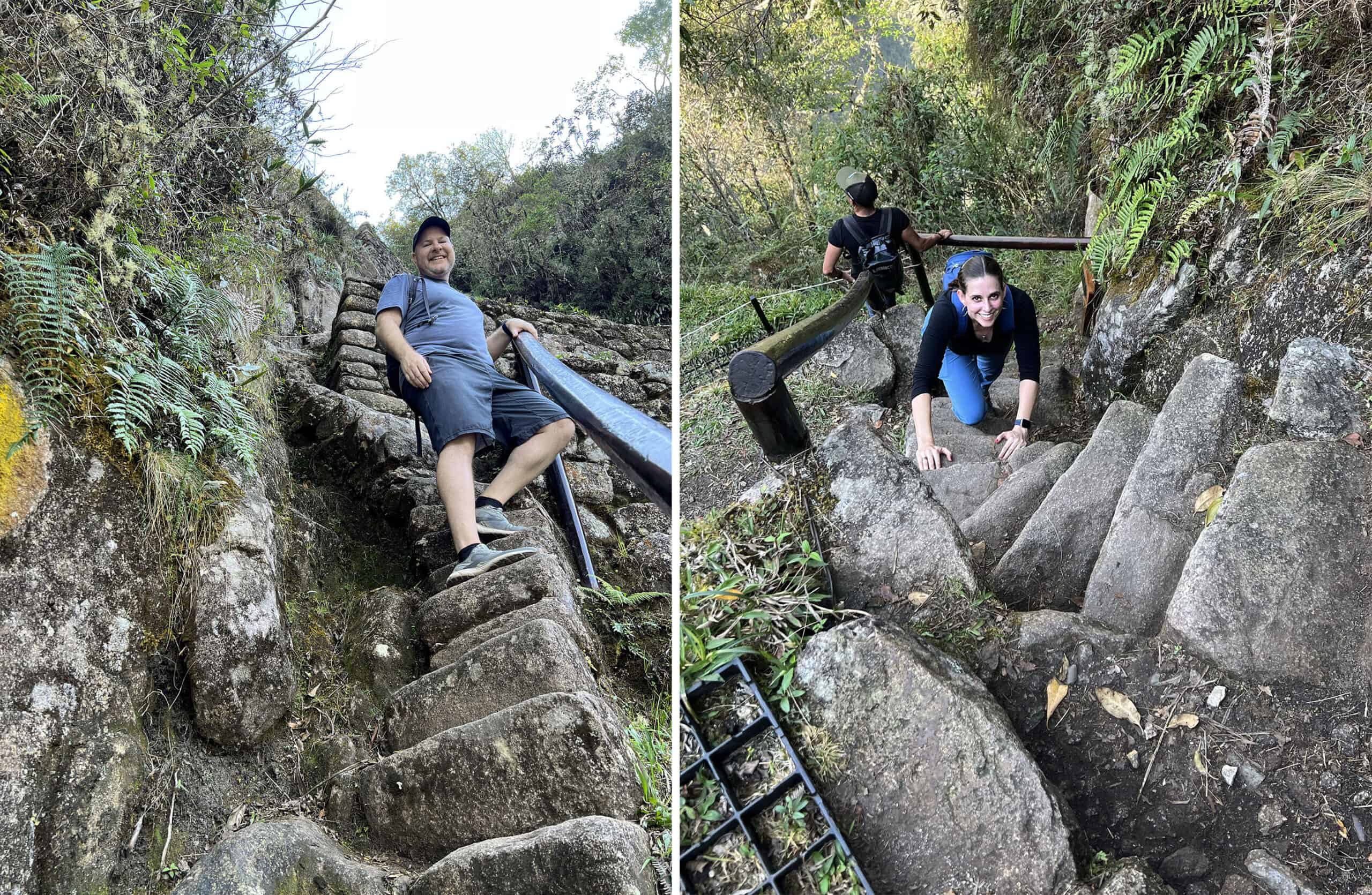 Dave on a steep set of stairs by the terraces. With the rails ending, Kel crawls up the stairs for a safe climb of Huayna Picchu.