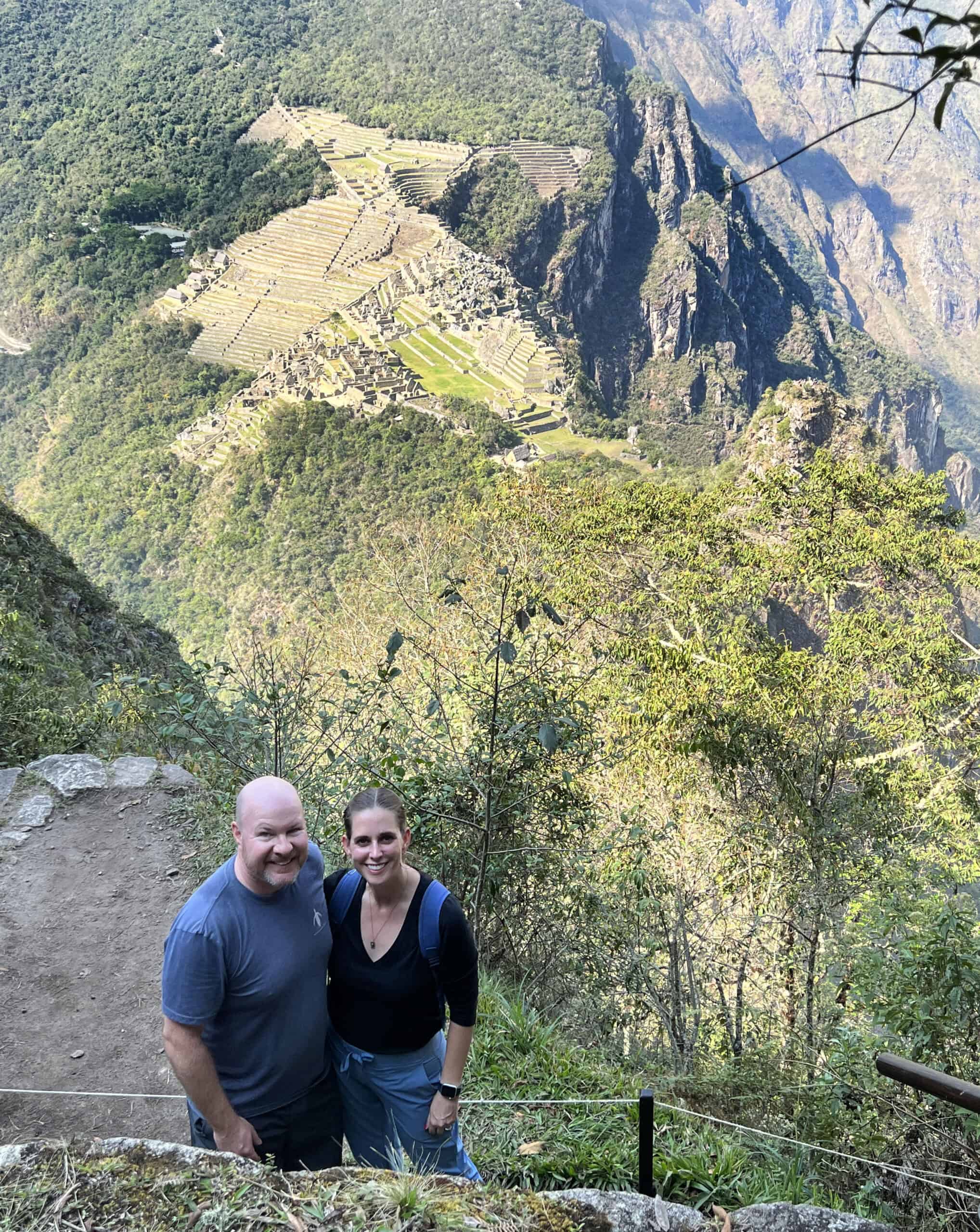 Dave and Kel at the first terrace with a bird's eye view of Machu Picchu.