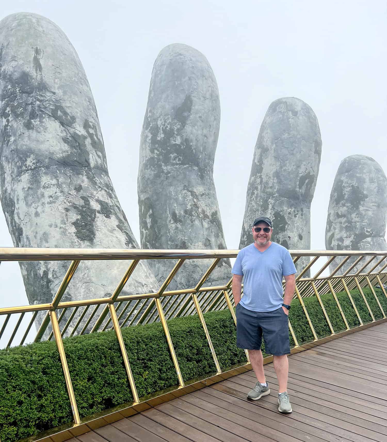 Dave with the majestic stone hands of the Golden Bridge