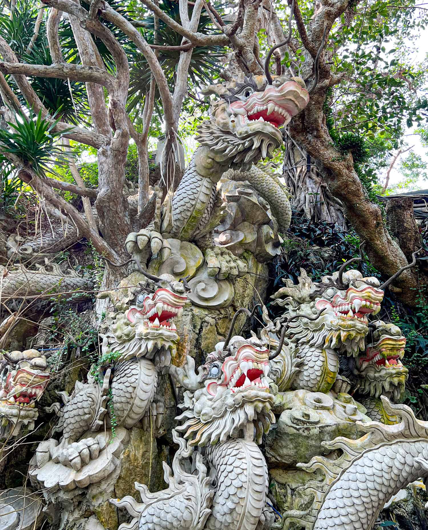 Carved, multi-headed marble dragon