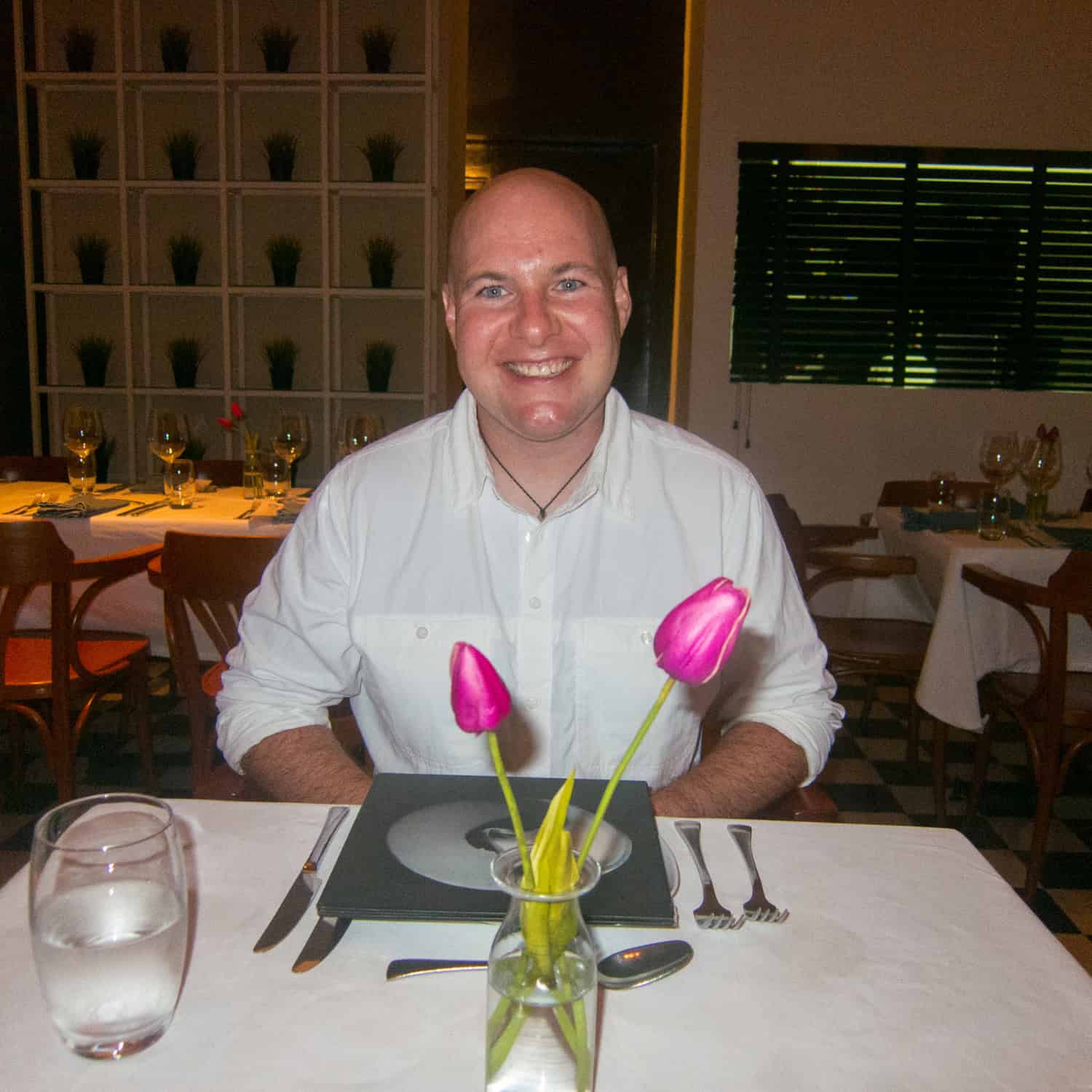 Wearing a white Pick-Pocket Proof Shirt to my birthday dinner at Don Juan in Cartagena