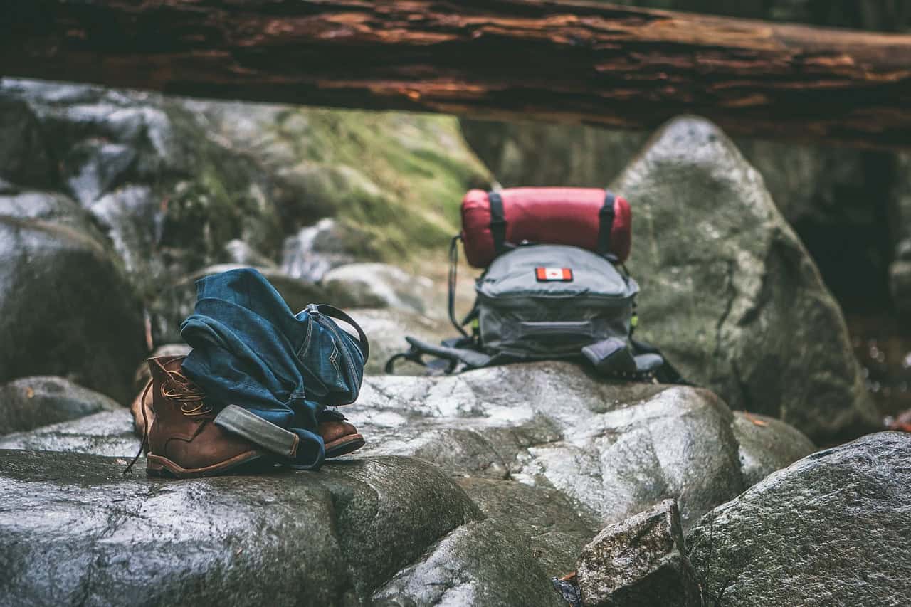 Backpacks on rocks.