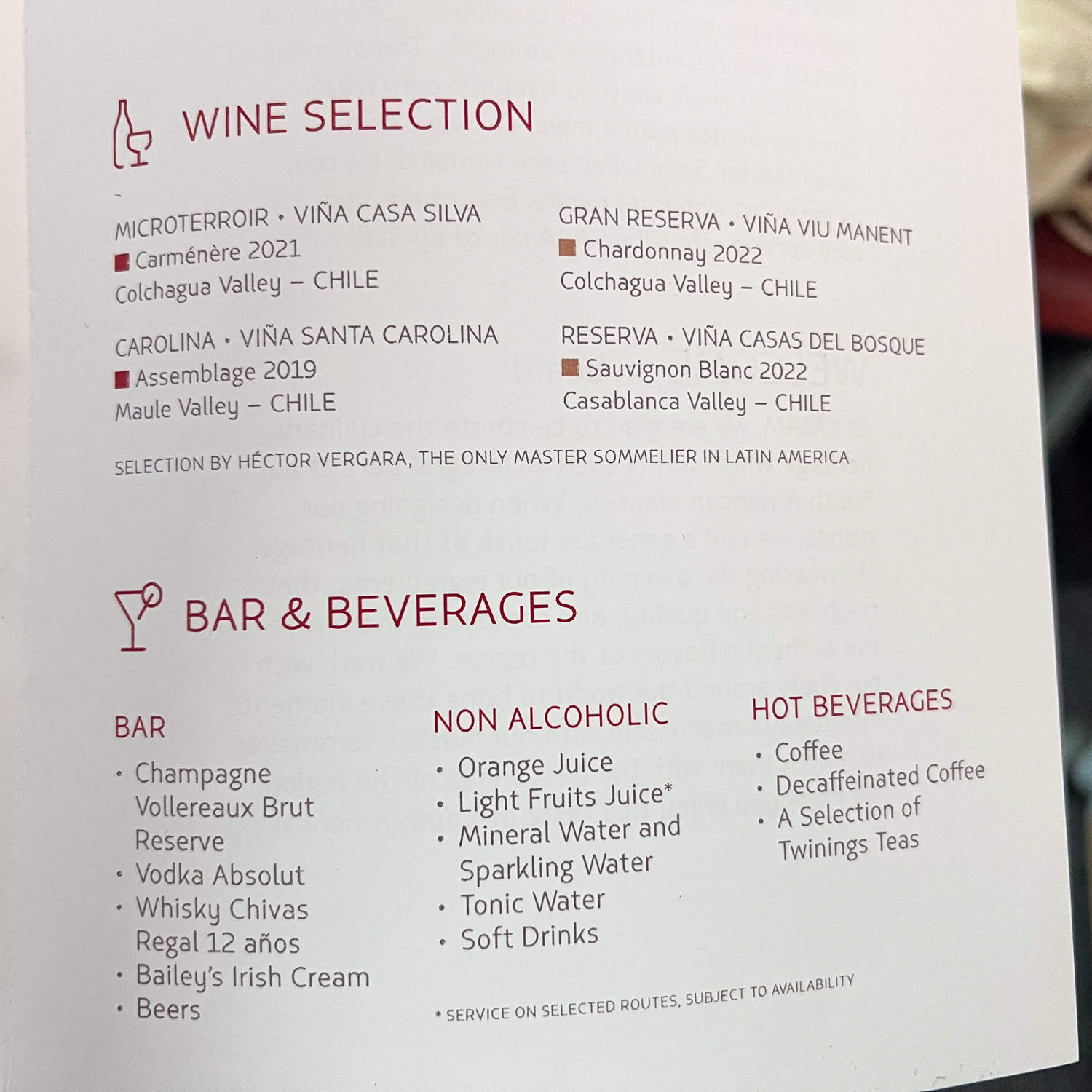 LATAM Business Class wine and drink list.