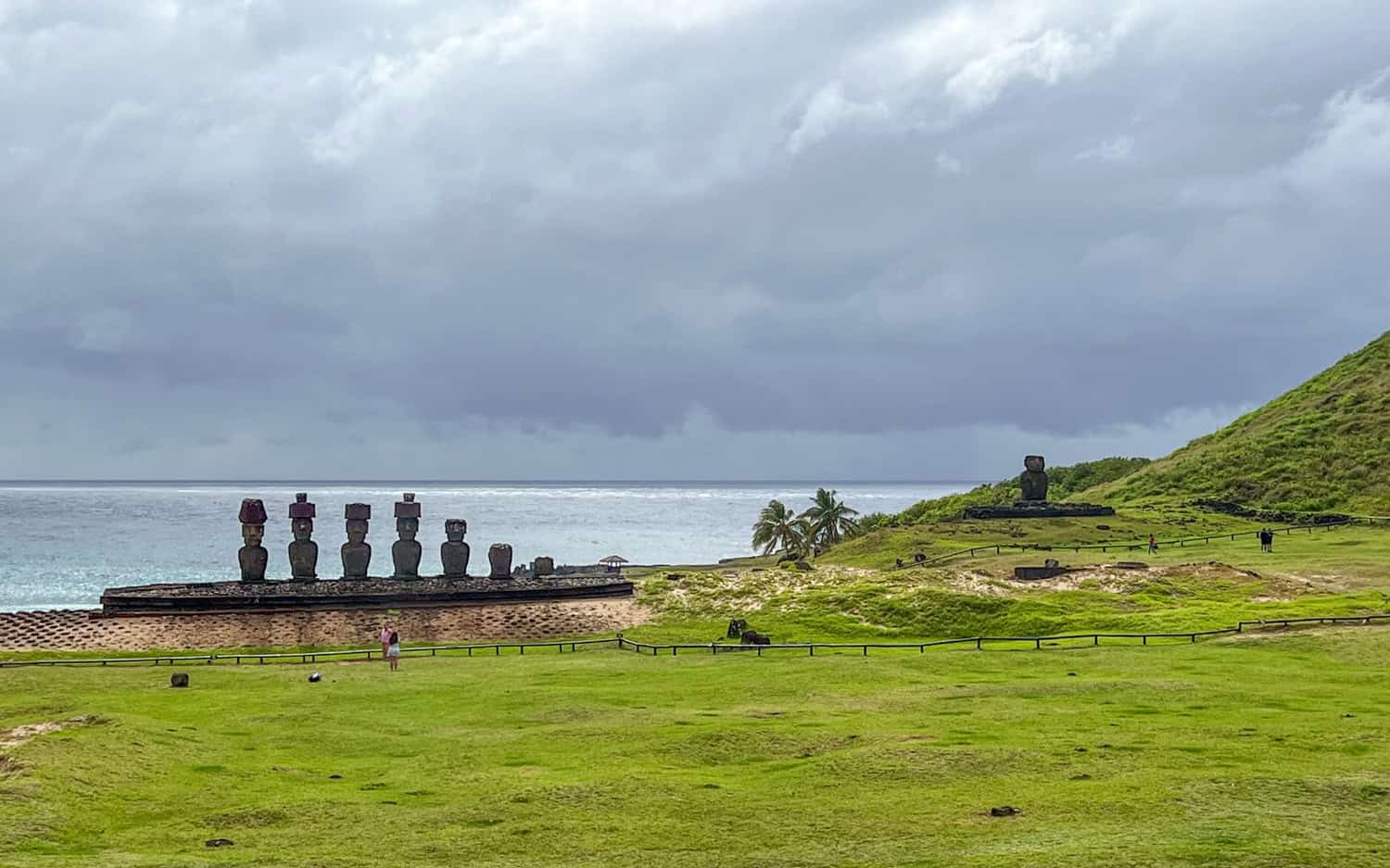 Ahu Nau Nau (left) and Ahu Ature Huki (right) at Anakena Beach on Rapa Nui (Easter Island).
