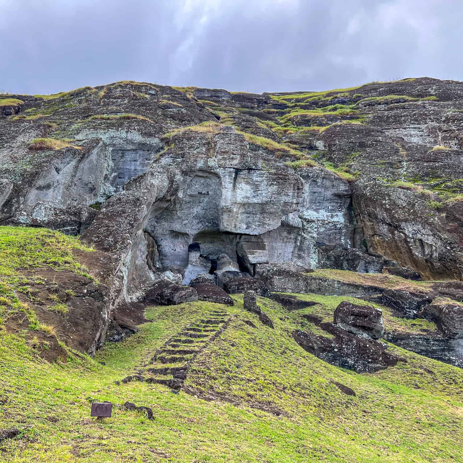 Moai were carved directly from the side of the crater.