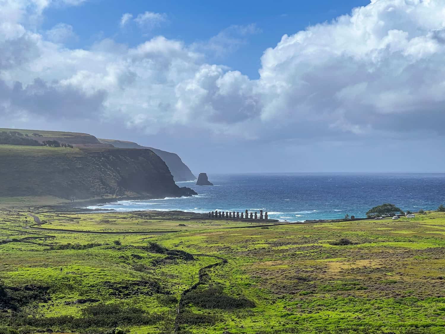 View of Ahu Tongariki from Rano Raraku.