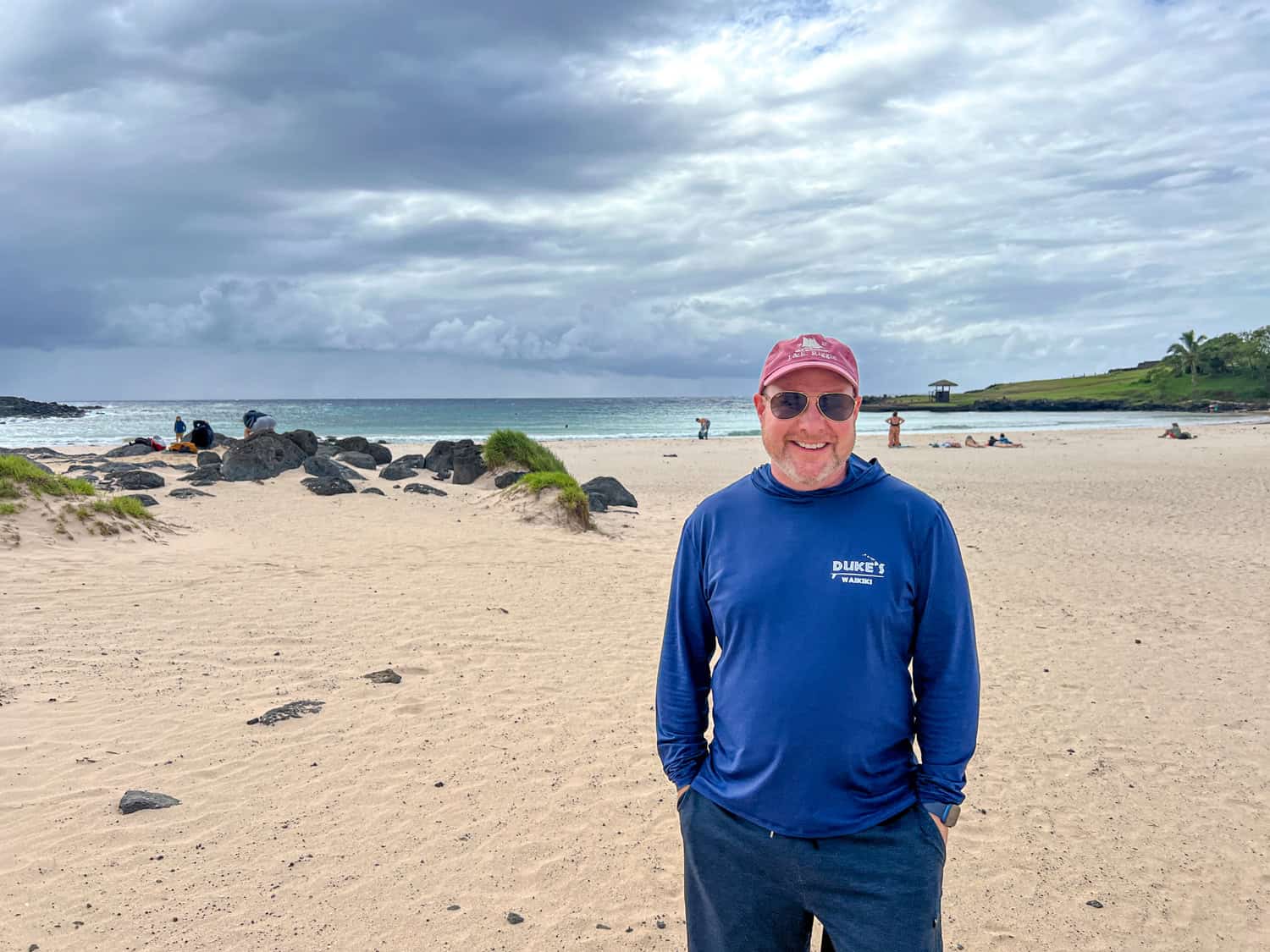 The author at Anakena, a sandy beach on Easter Island accessible with a rental car (photo by Kelly Lemons).