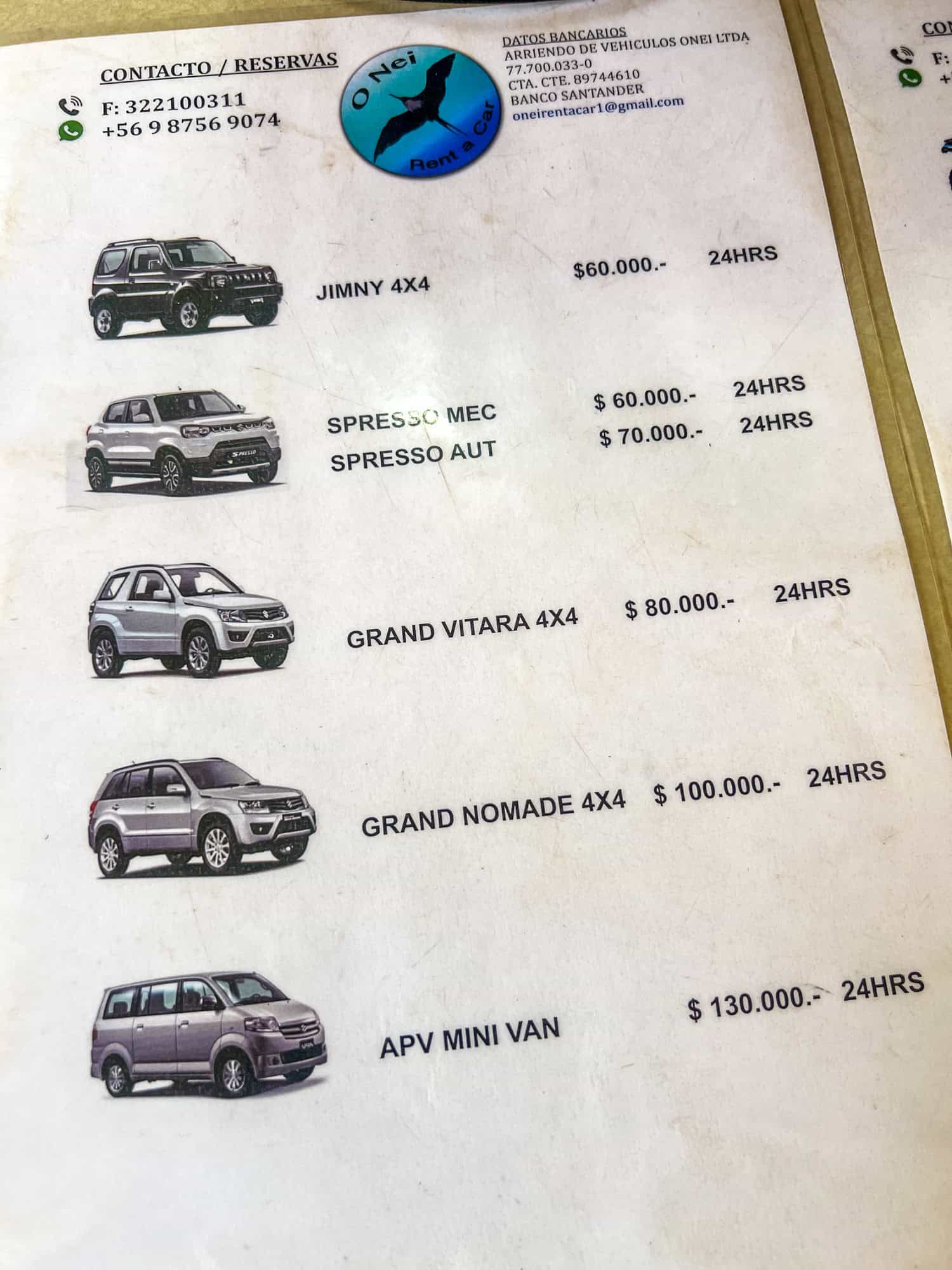 Rates at O Nei Rent a Car.