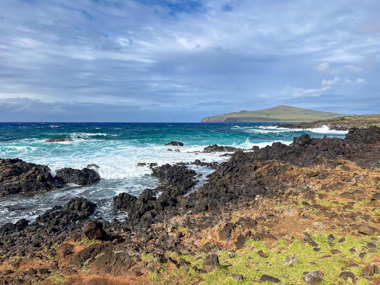 The coastal view south of Ovahe Beach toward Poike volcano.