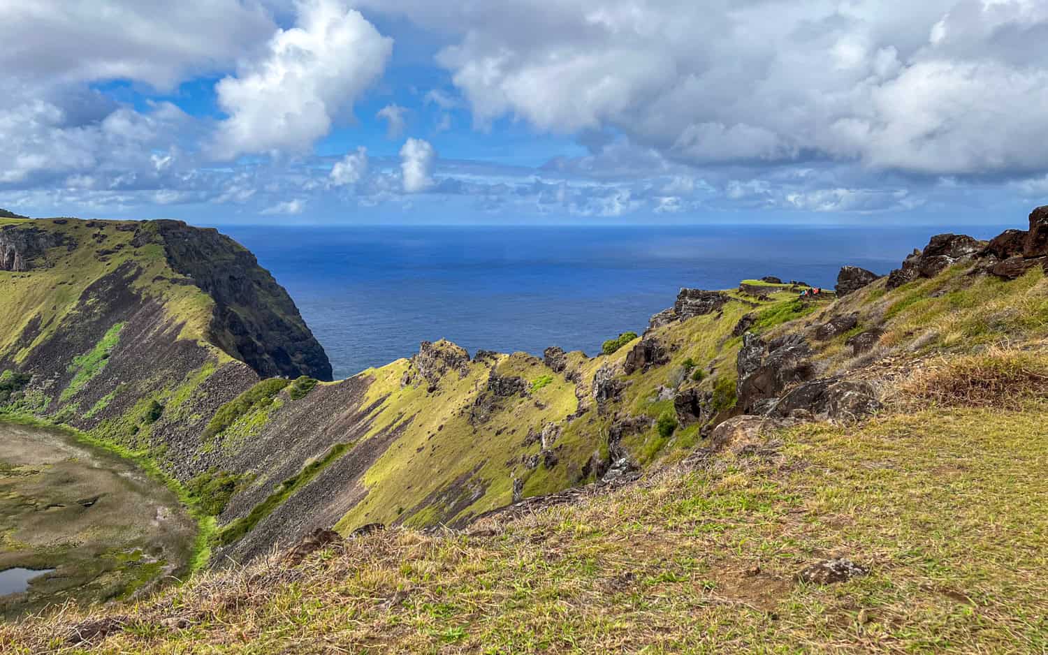The Rano Kau crater rim on Easter Island (people visiting Orongo can bee seen to the center-right)