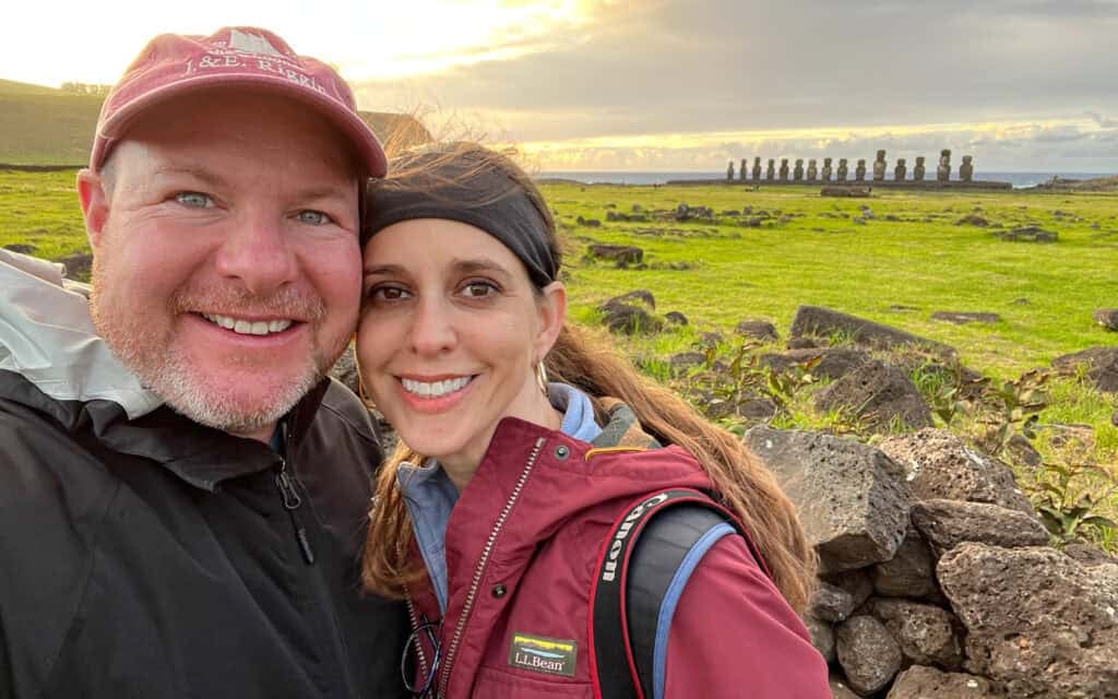 Sunrise selfie at Ahu Tongariki on Rapa Nui.