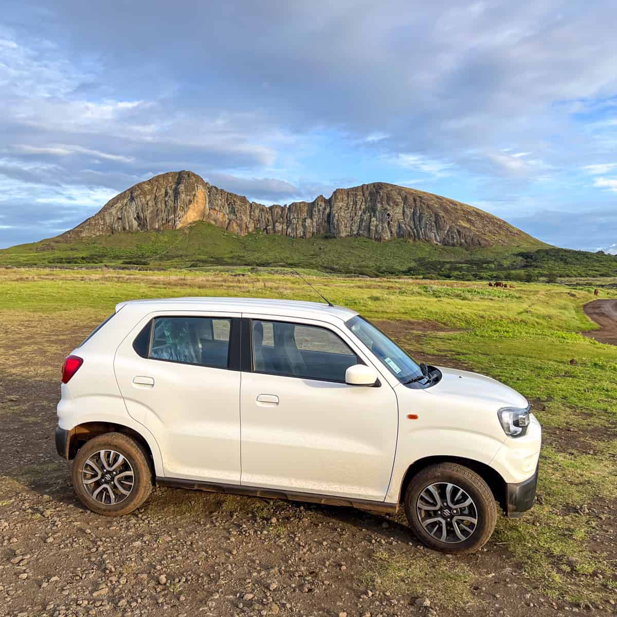 White Suzuki car rental on Rapa Nui (Easter Island), Chile.