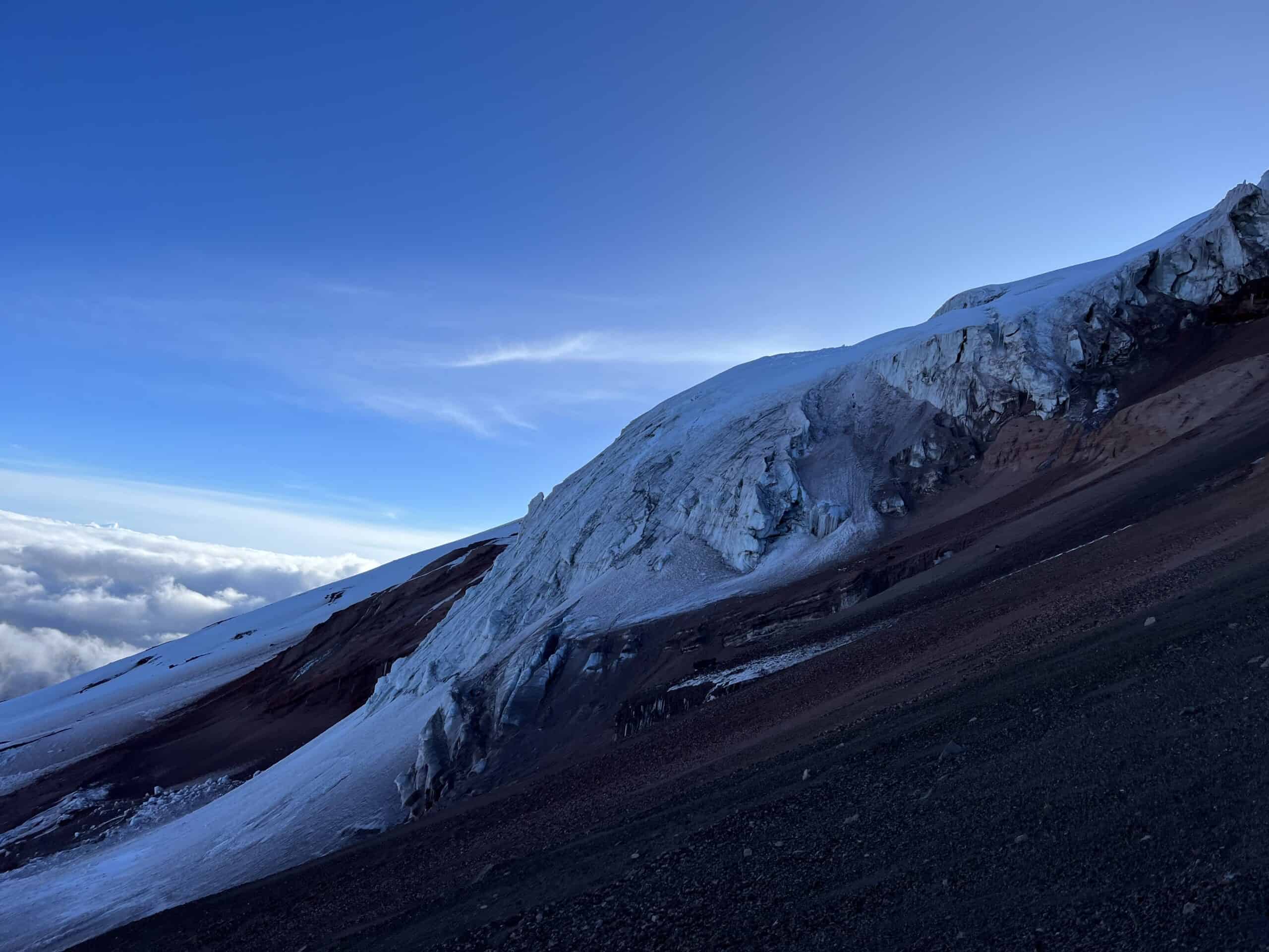 Icy ridge with a clear blue sky.
