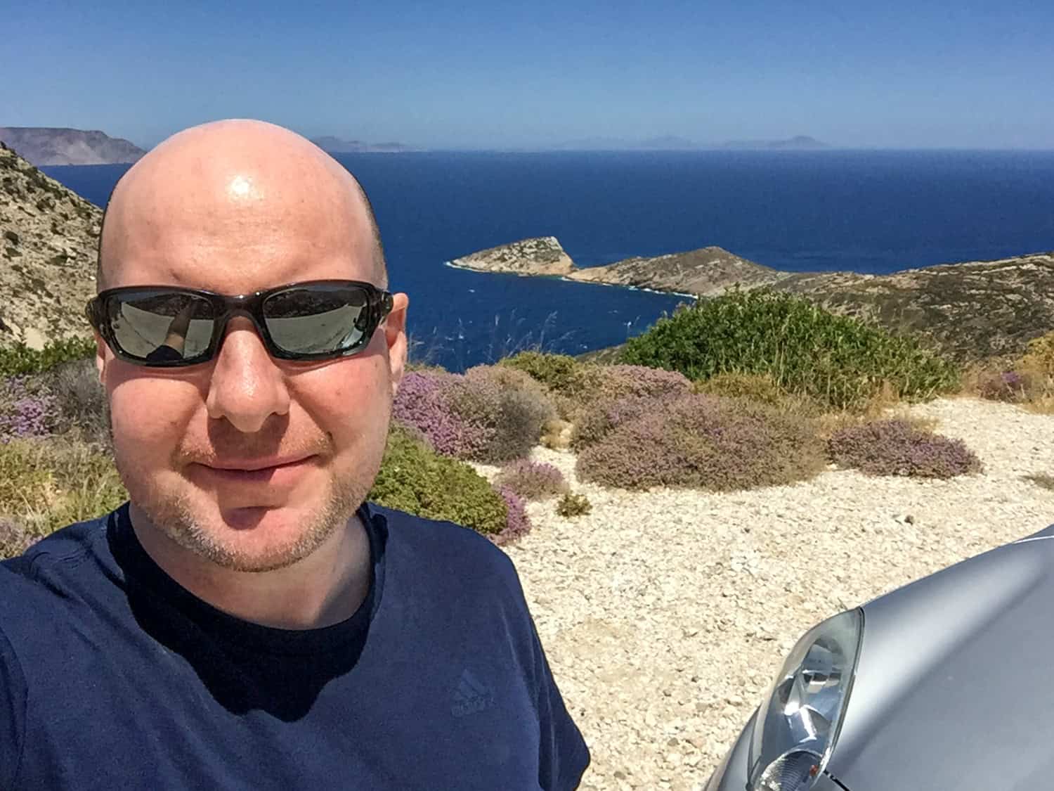 Selfie while driving around Ios during my island-hopping adventure in Greece.
