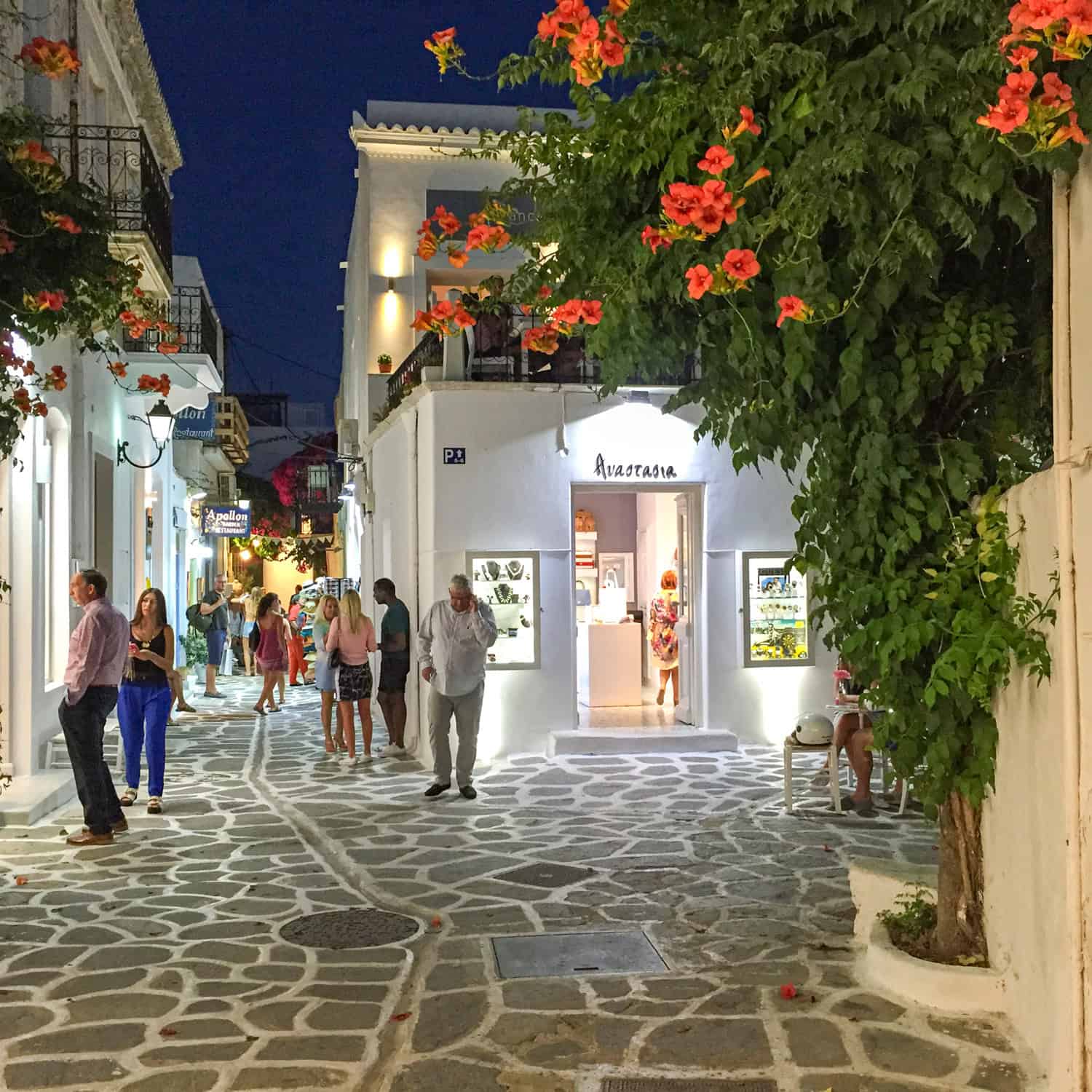 Walking around Paros at night.