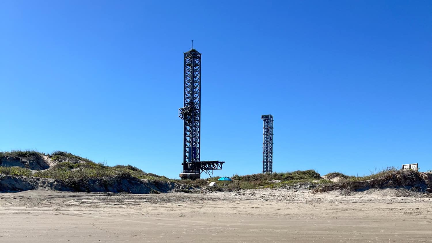 Starship launch pads as seen from Boca Chica Beach.