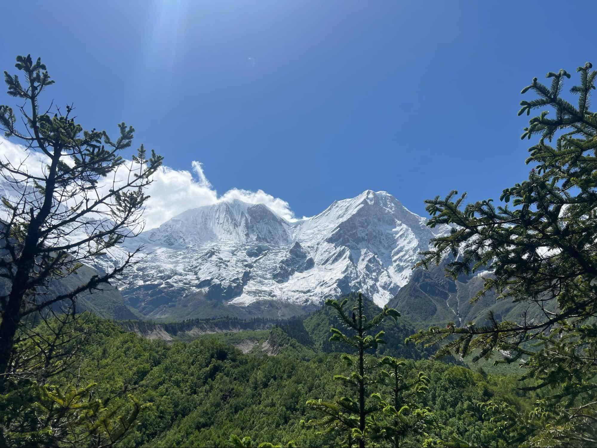 Snow-covered peaks in the Manaslu region of Nepal.