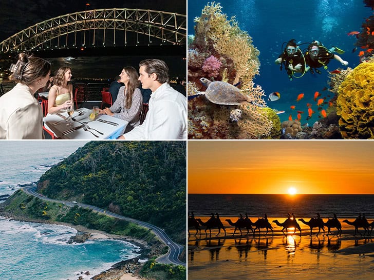 Collage of people dining on a Sydney dinner cruise; snorkeling at the Great Barrier Reef; Great Ocean Road and sunset at Cable Beach.