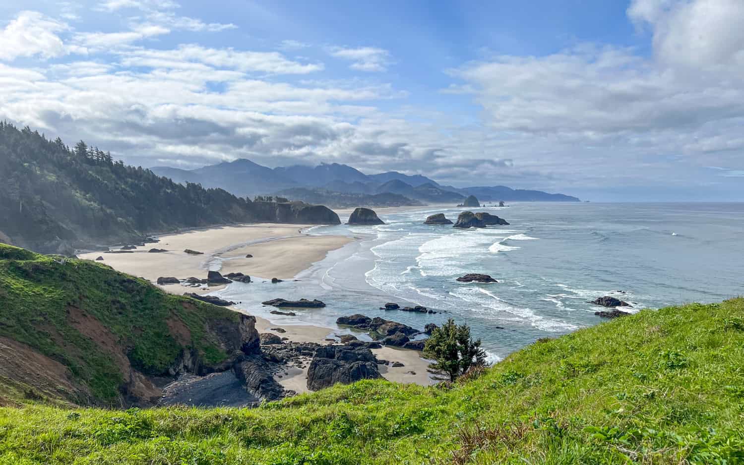 View of Cannon Beach and sea stacks from Ecola State Park on the Oregon Coast.