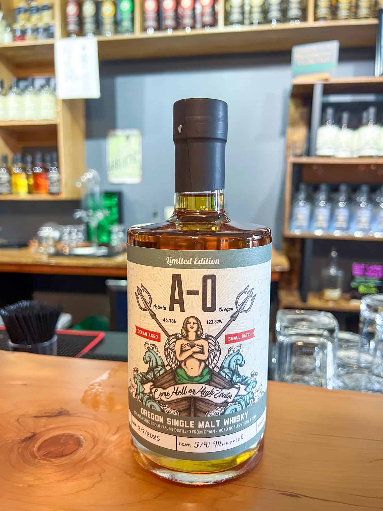 A bottle of Oregon Single Malt Whiskey at Pilot House Distilling in Cannon Beach.