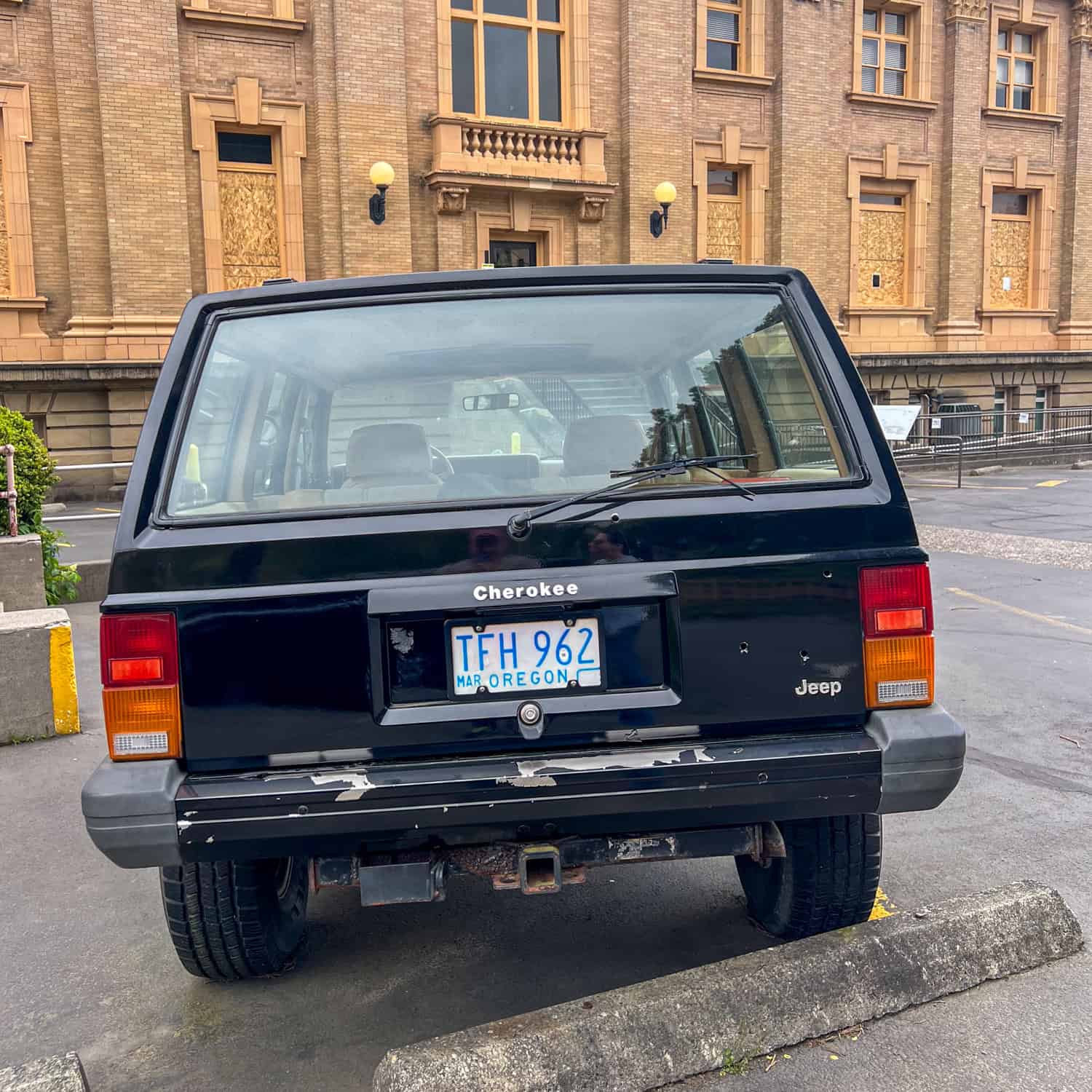 Bullet holes in the Fratelli's Jeep Cherokee in Astoria, Oregon.
