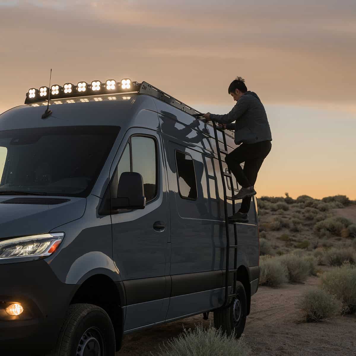 A side ladder in use on a Sprinter van.