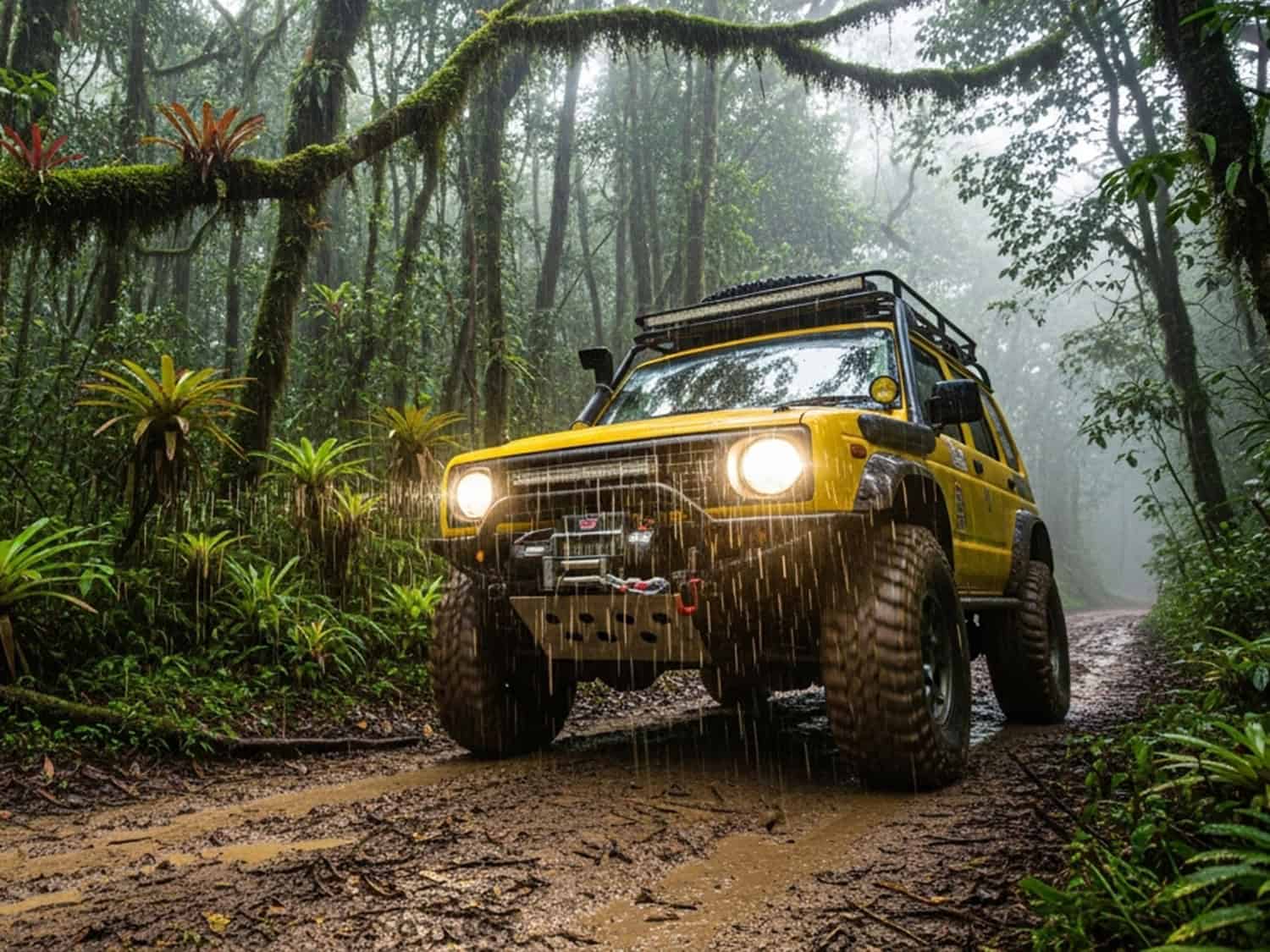 A yellow SUV with mud terrain tires drives off-road in the rain.