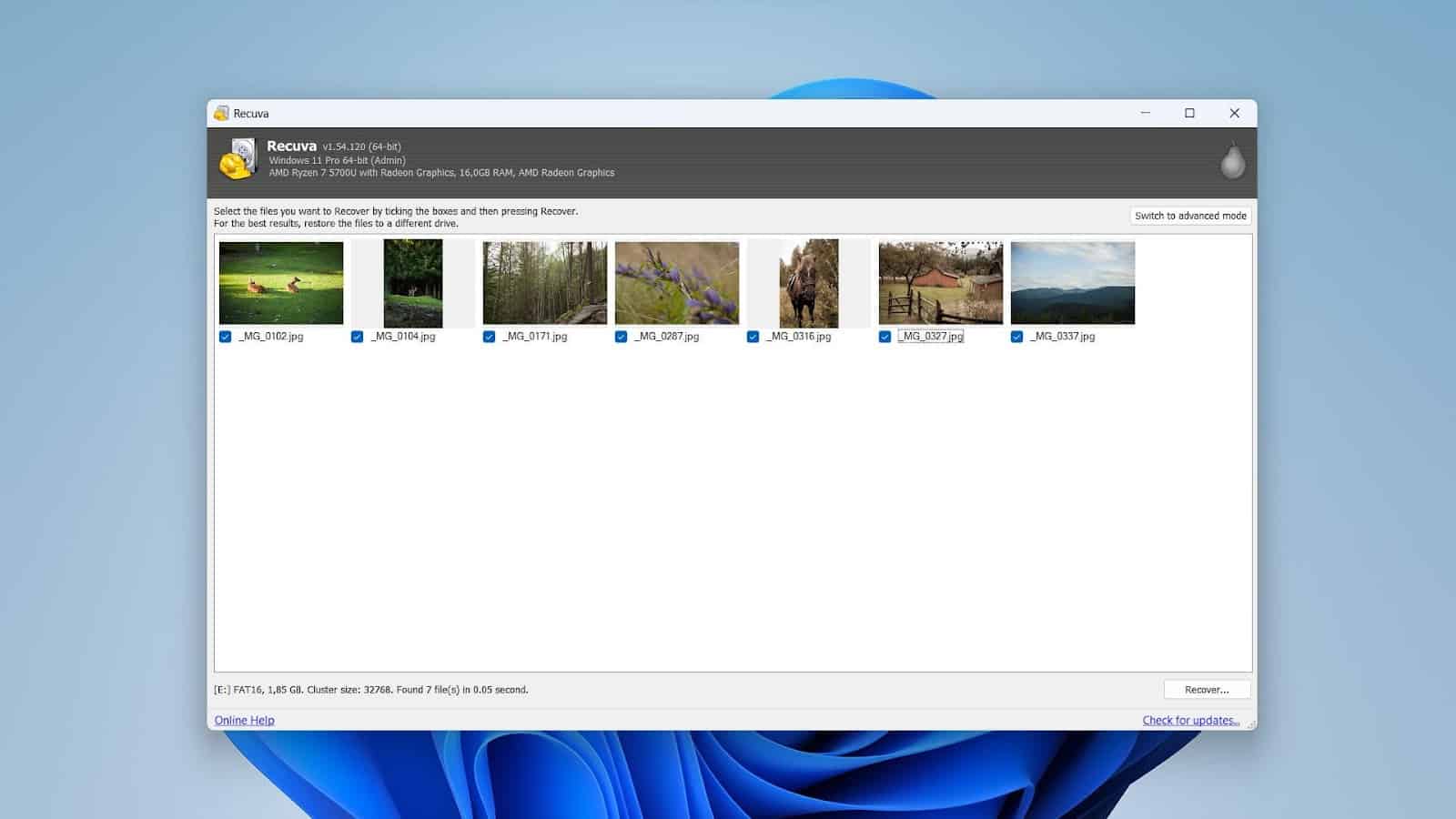 Screenshot Recuva SD card recovery software.