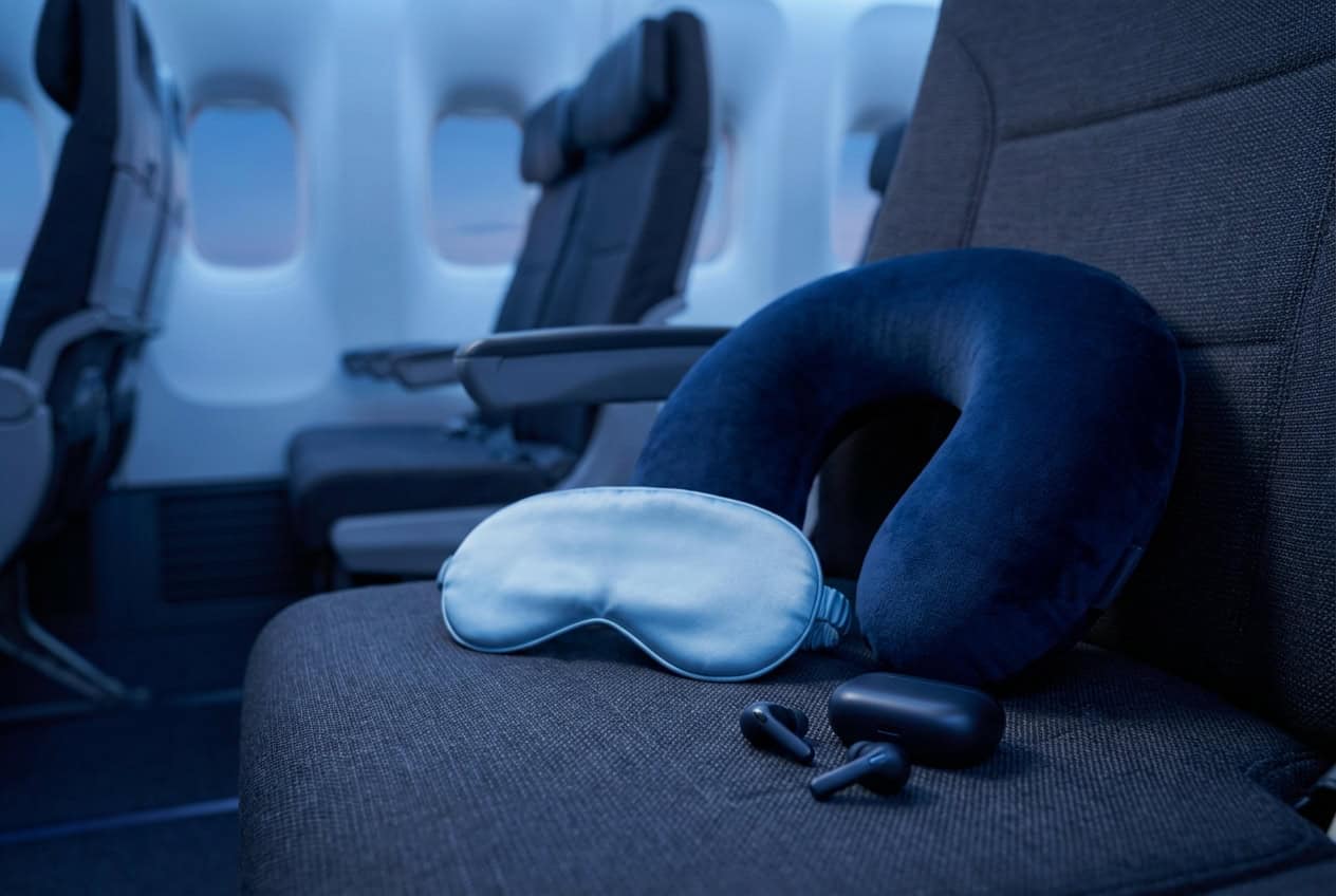 Airplane seat with travel pillow, mask, and earbuds.