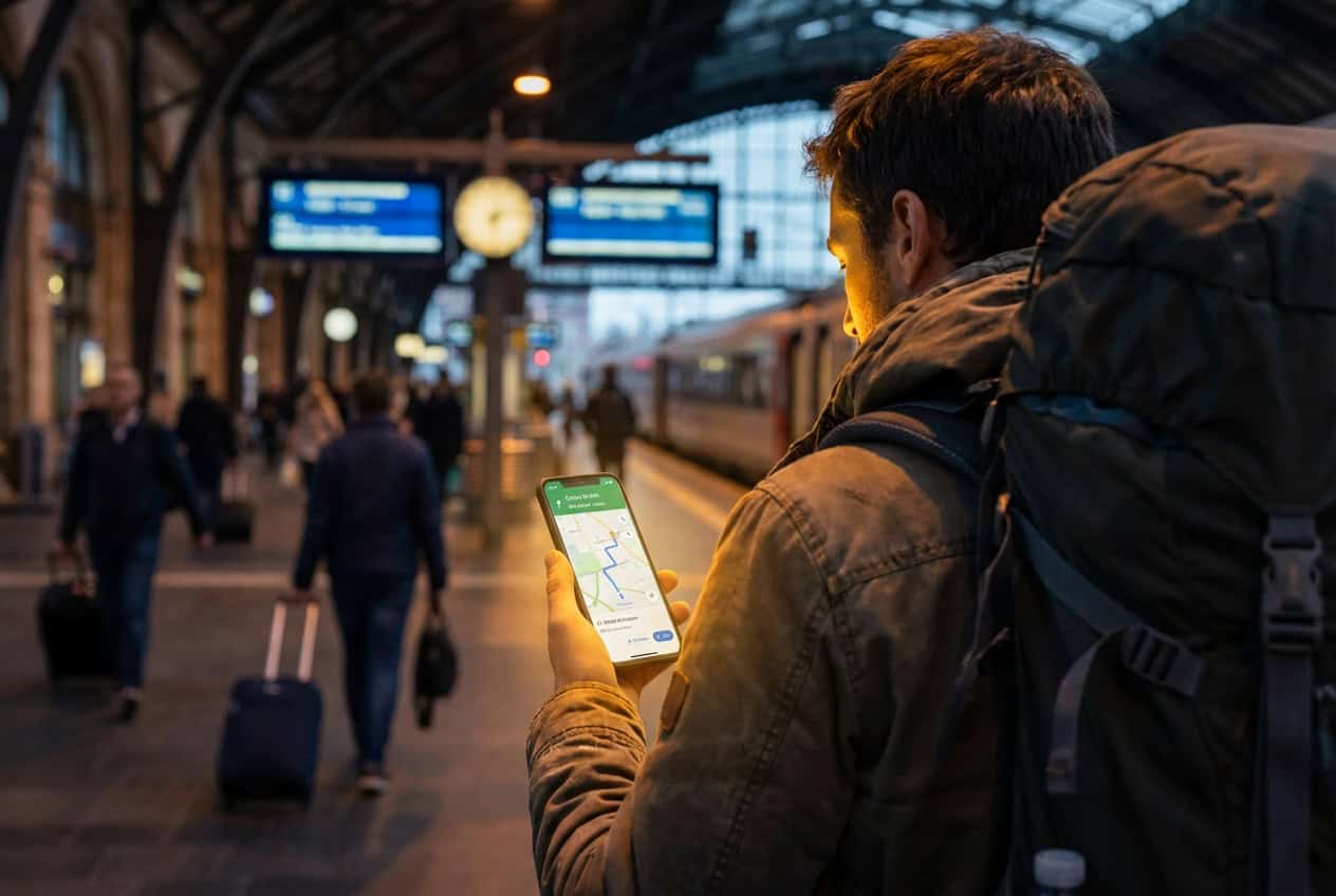 Backpacker checking directions on smartphone at train station while traveling