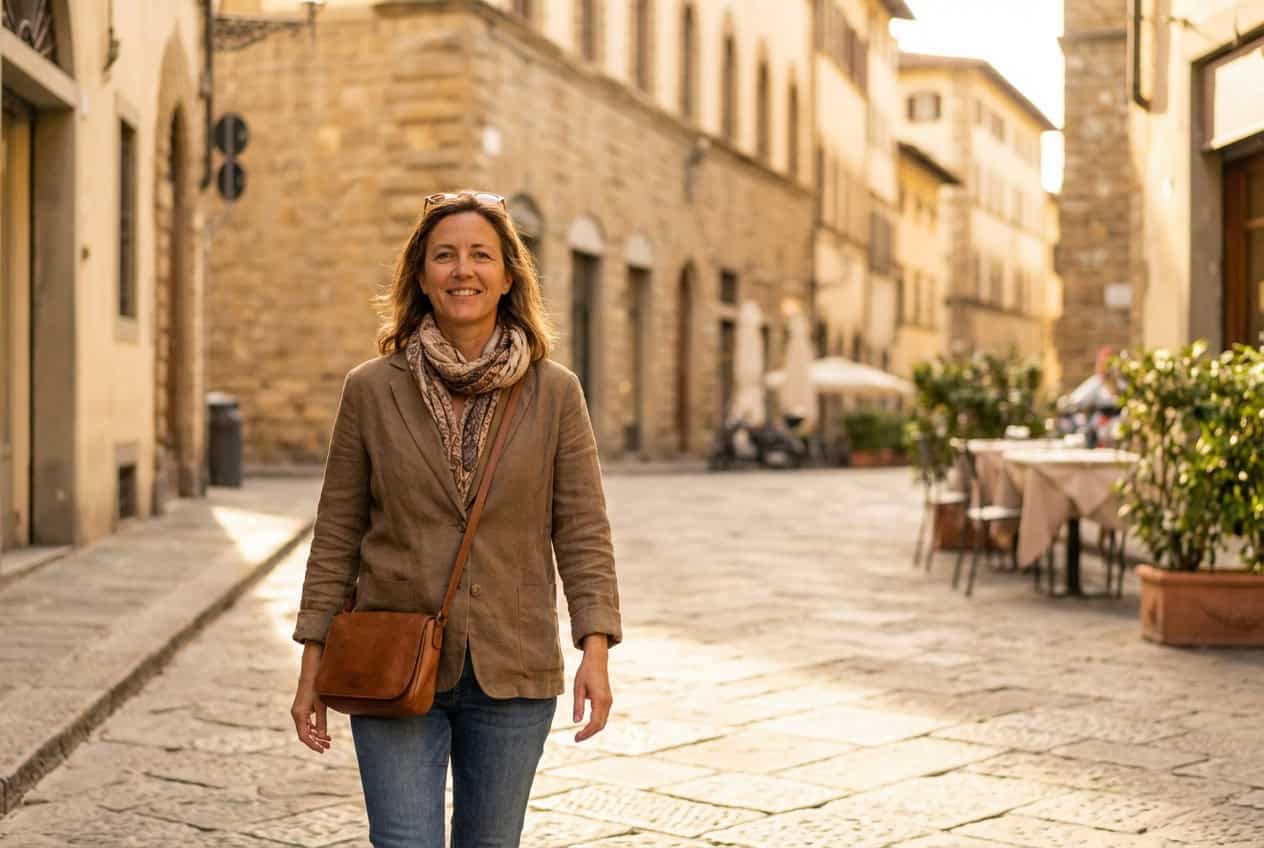 Woman smiling while walking down a European street.