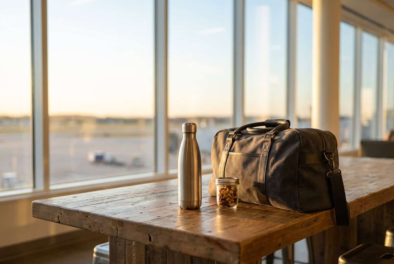 Travel bag with reusable water bottle and snacks at airport during long travel day