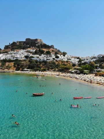 Lindos town and beach on Rhodes in Greece