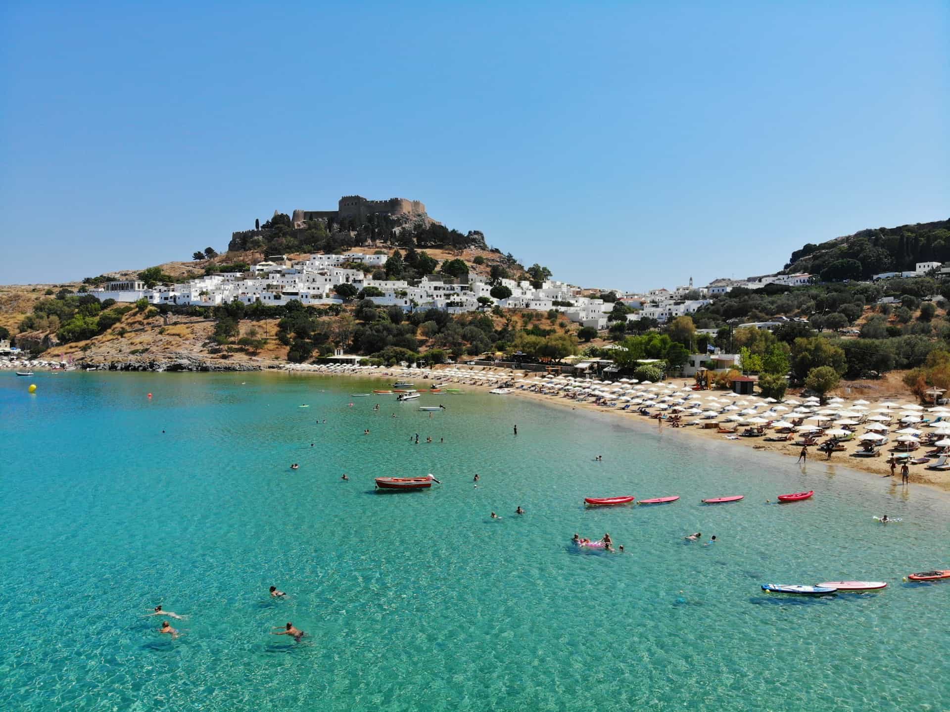 Lindos town and beach on Rhodes in Greece