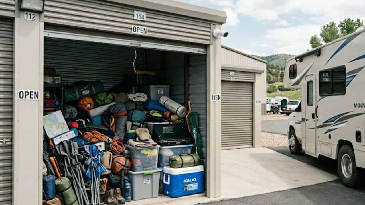 RV storage unit packed with camping and road trip gear