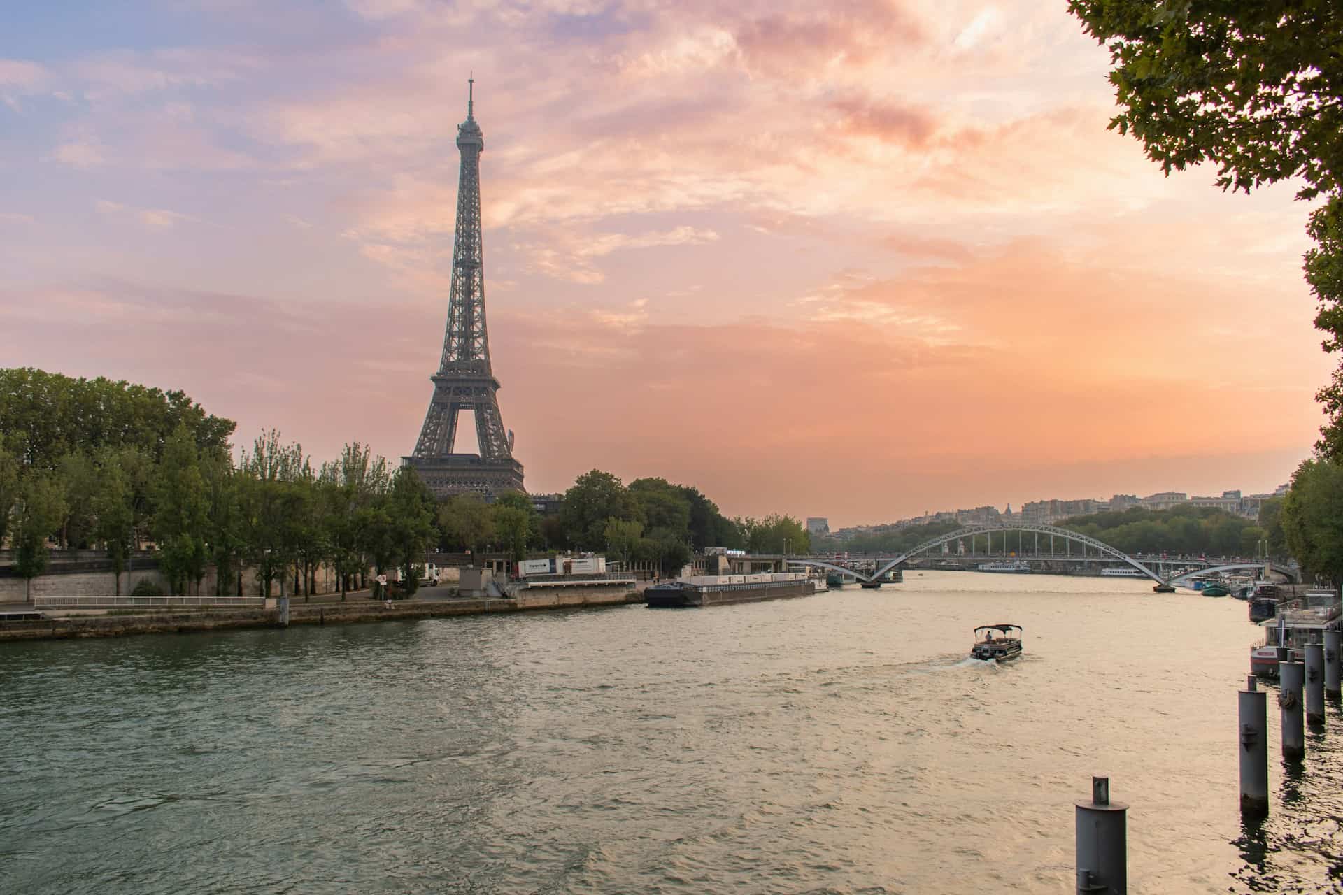 Eiffel Tower in Paris at sunset with warm golden light